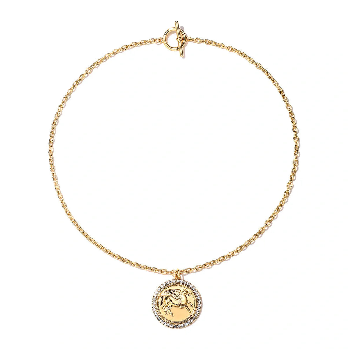Intricate Pegasus coin pendant necklace and earrings set with classic O-chain design in alloy metal