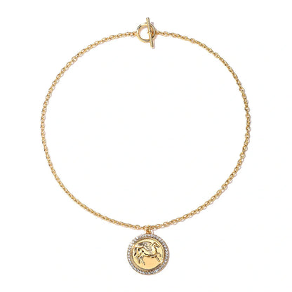 Intricate Pegasus coin pendant necklace and earrings set with classic O-chain design in alloy metal