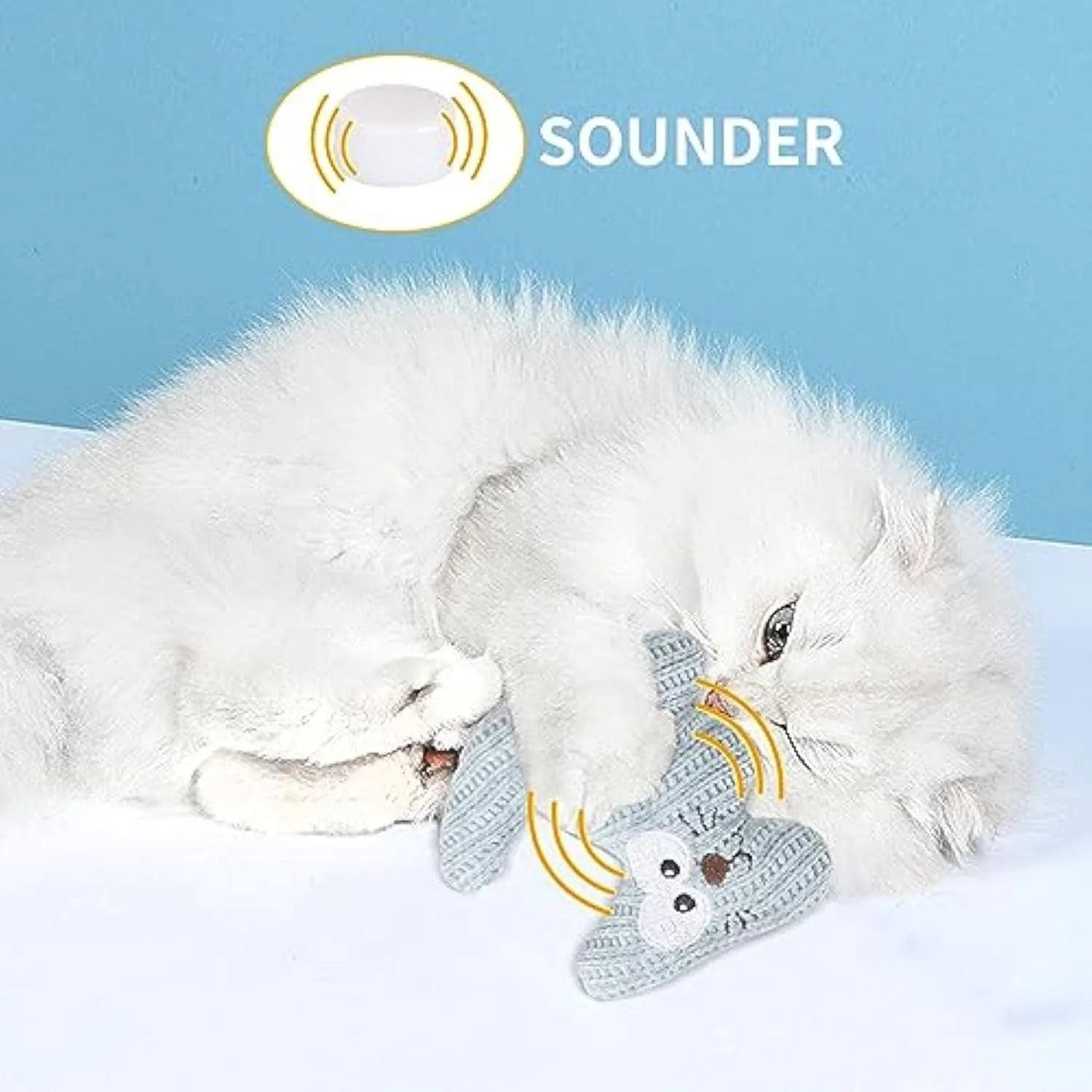 Cyan knitted plush cat toy with bell and organic catnip filling for cats to chew and play with.