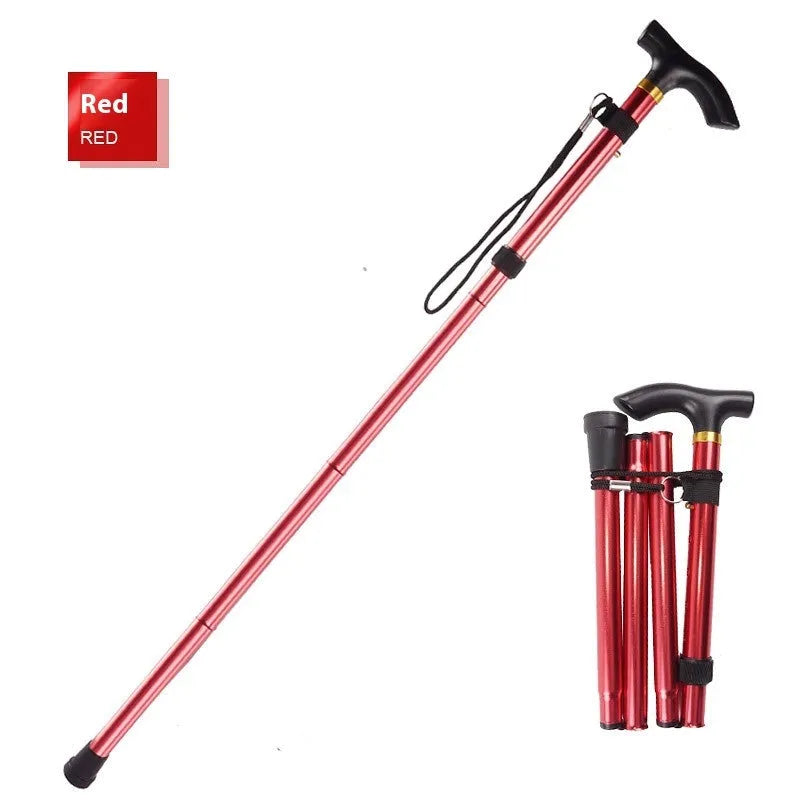 Aluminium alloy folding cane extended to 95 cm with non-slip rubber tip, showing adjustable height mechanism