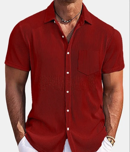 Men's solid colour loose fit short-sleeved shirt with vertical striped detail in a selection of colours.