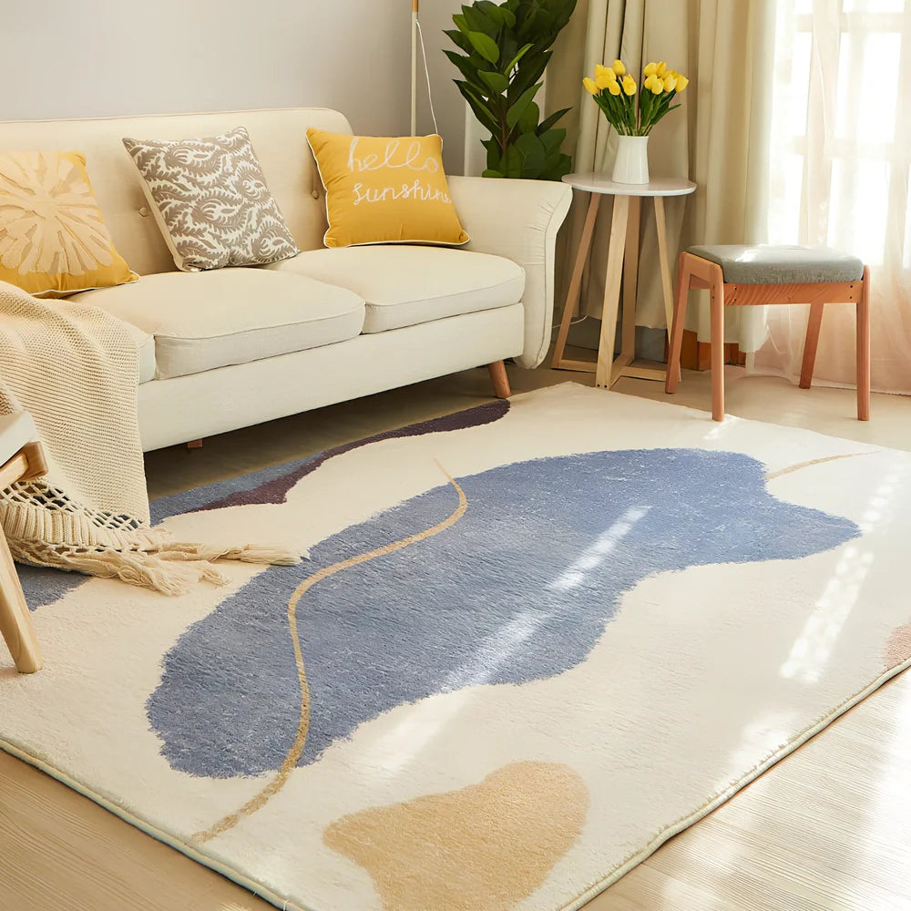 Rectangular machine-woven blanket cushion in mountain breeze colour on sofa