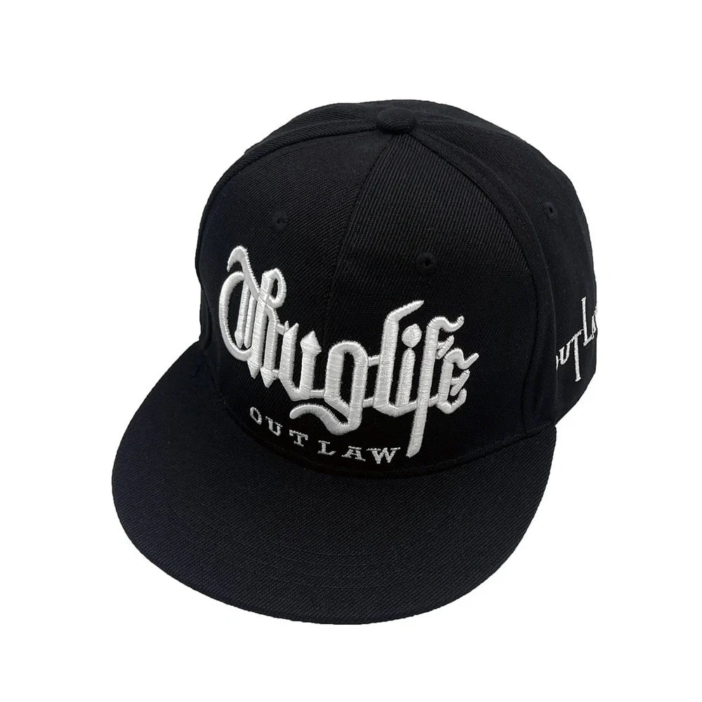 Street hip hop hat with embroidered letters in two colours on dome crown, adult sizing 56-60cm