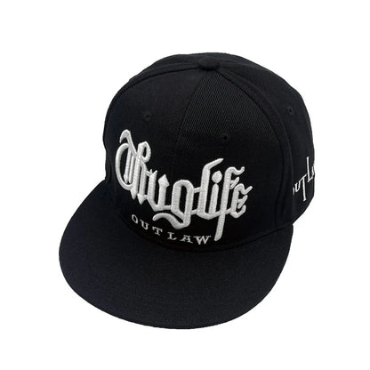 Street hip hop hat with embroidered letters in two colours on dome crown, adult sizing 56-60cm