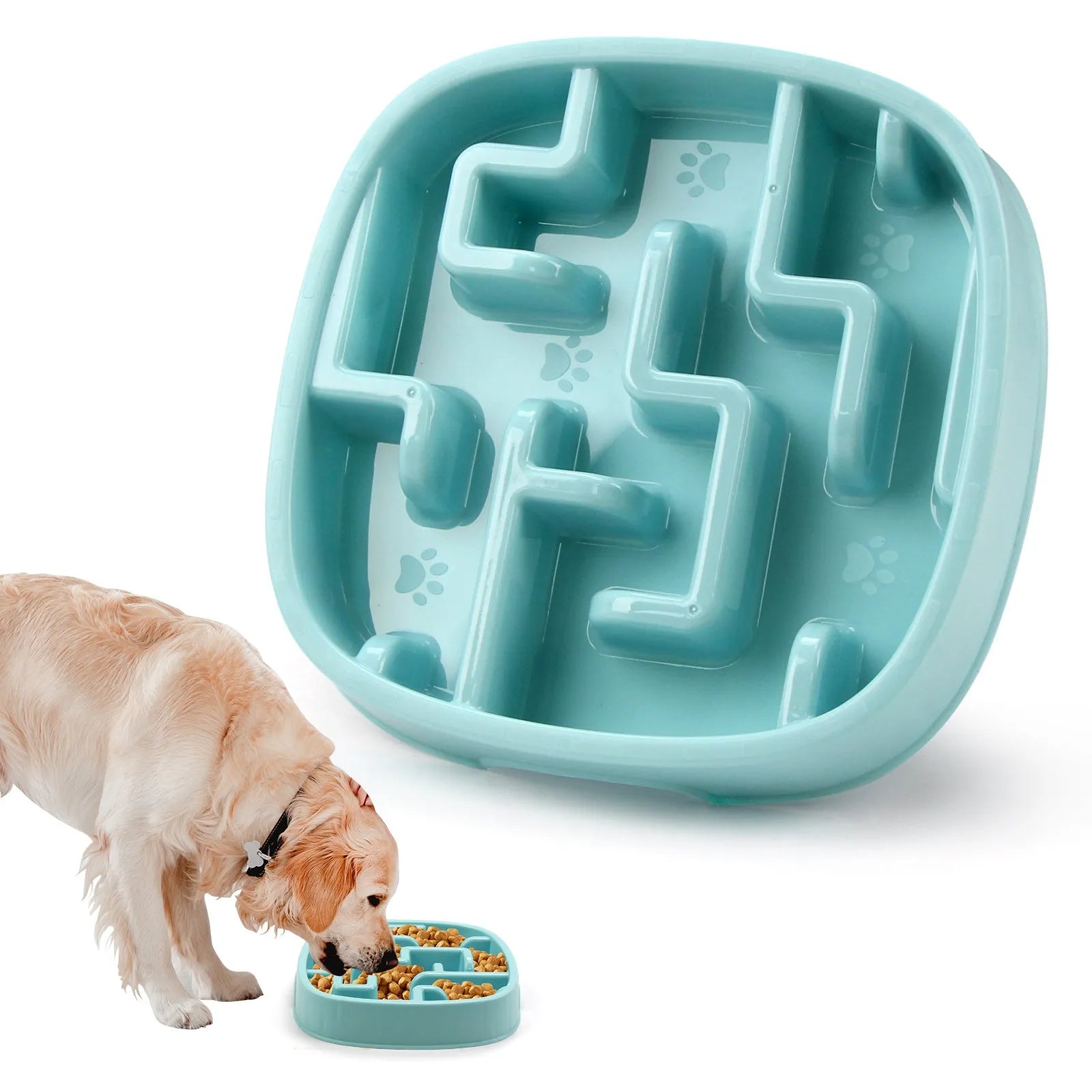 Macaron-coloured slow feed pet bowl with maze pattern and non-slip base for dogs and cats.