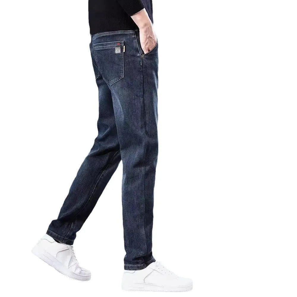 Blue grey slim straight trousers with micro-elasticity waistband on teenage model for summer street fashion