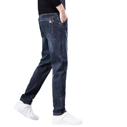 Blue grey slim straight trousers with micro-elasticity waistband on teenage model for summer street fashion