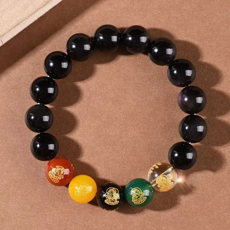 Single Circle Five Gods Of Wealth men's rainbow eye obsidian crystal bracelet in New Chinese style