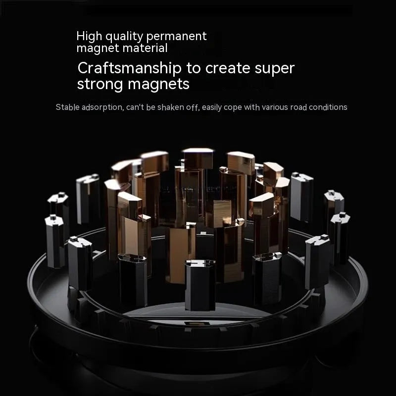 All-metal foldable magnetic car phone mount showing 360-degree rotation and dashboard mounting