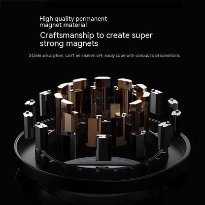 All-metal foldable magnetic car phone mount showing 360-degree rotation and dashboard mounting