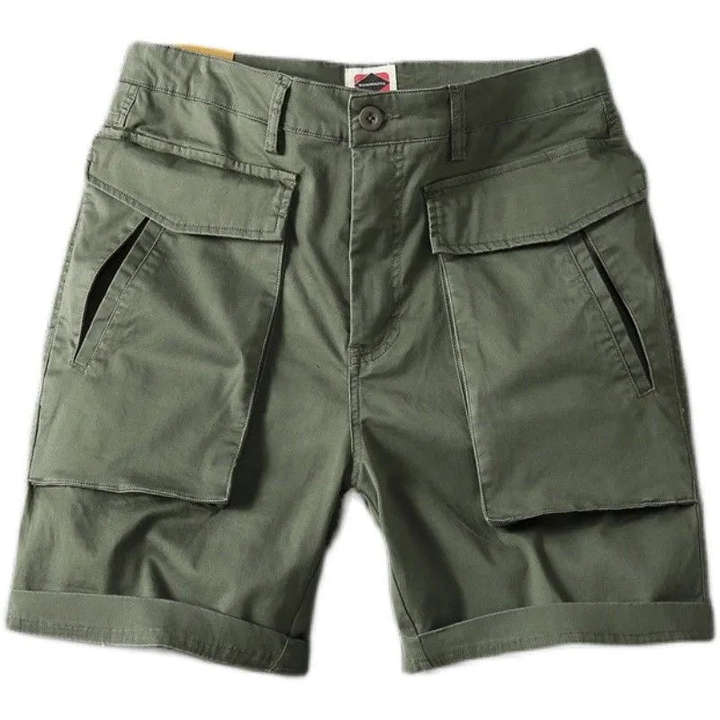 Men's straight-leg cargo shorts in Army Green with multiple pockets, showing micro-elastic cotton fabric detail
