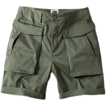 Men's straight-leg cargo shorts in Army Green with multiple pockets, showing micro-elastic cotton fabric detail