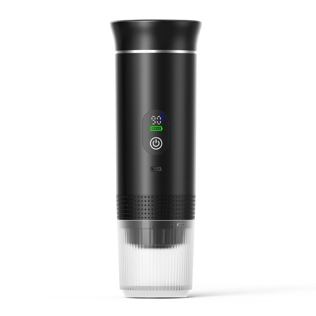 Portable black capsule coffee machine with LCD display for use in electric cars and outdoor travel