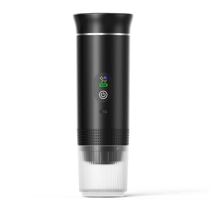 Portable black capsule coffee machine with LCD display for use in electric cars and outdoor travel