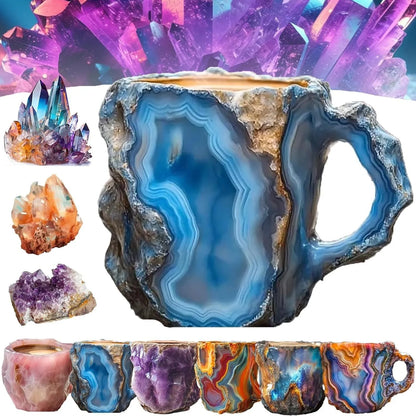 400ml resin mineral crystal coffee mug with handle in assorted colours including purple, blue, and pink.