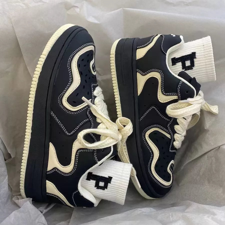 Men and women's thick sole casual sports shoes in coffee and black