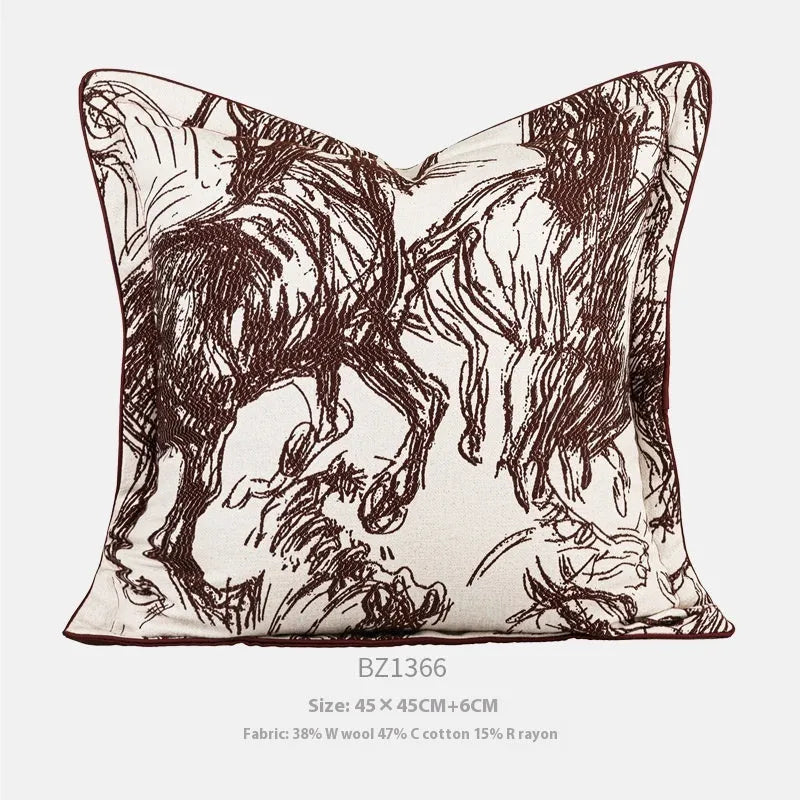 Golden horse pattern jacquard cushion in square and waist sizes with three colour options