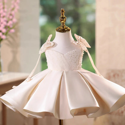 Girls' champagne polyester piano dress with pettiskirt in princess style showing height sizing options