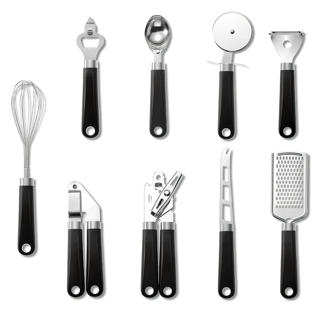 9-piece stainless steel kitchen utensils with black plastic handles arranged for food preparation