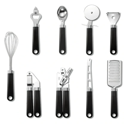 9-piece stainless steel kitchen utensils with black plastic handles arranged for food preparation
