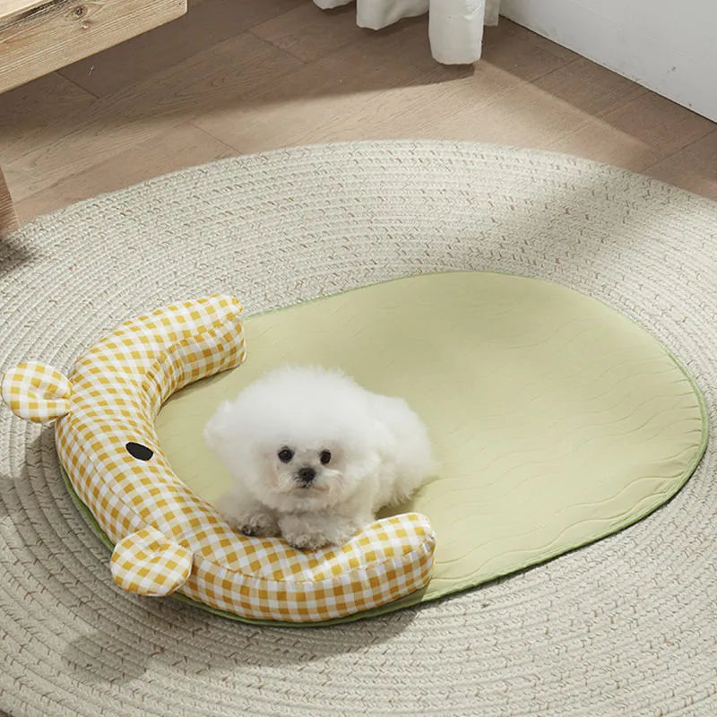Green and yellow four seasons universal pet mat with cooling pad in four sizes for small to extra large dogs and cats.