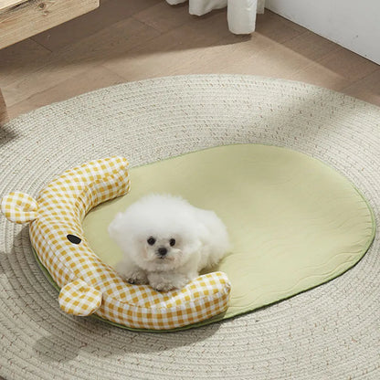 Green and yellow four seasons universal pet mat with cooling pad in four sizes for small to extra large dogs and cats.
