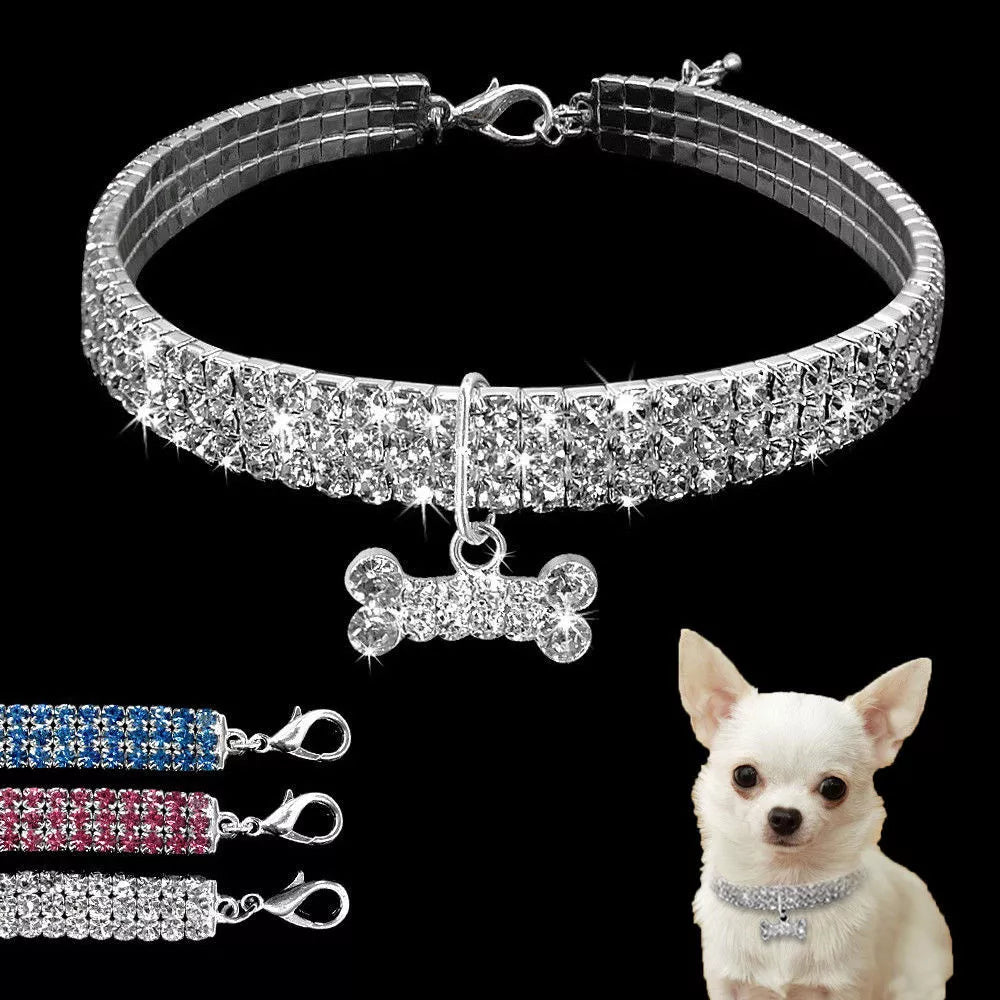 Adjustable bling rhinestone dog collar for small to medium pets in blue, white, and pink