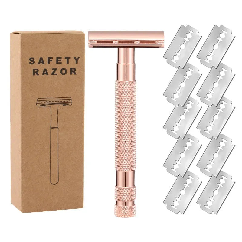 Traditional alloy double-edged safety razor with replaceable blades in choice of colours including black, silver, and rose gold.