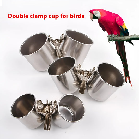 Stainless steel bird feeder outdoor food container in natural metal finish.