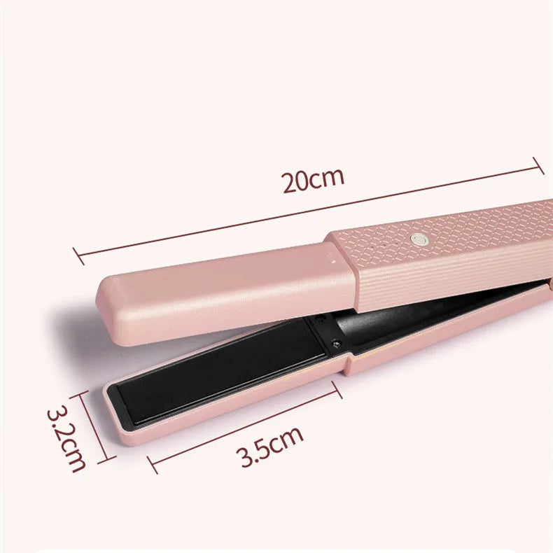 Pink and green cordless USB rechargeable mini hair straightener and curler with ceramic plates