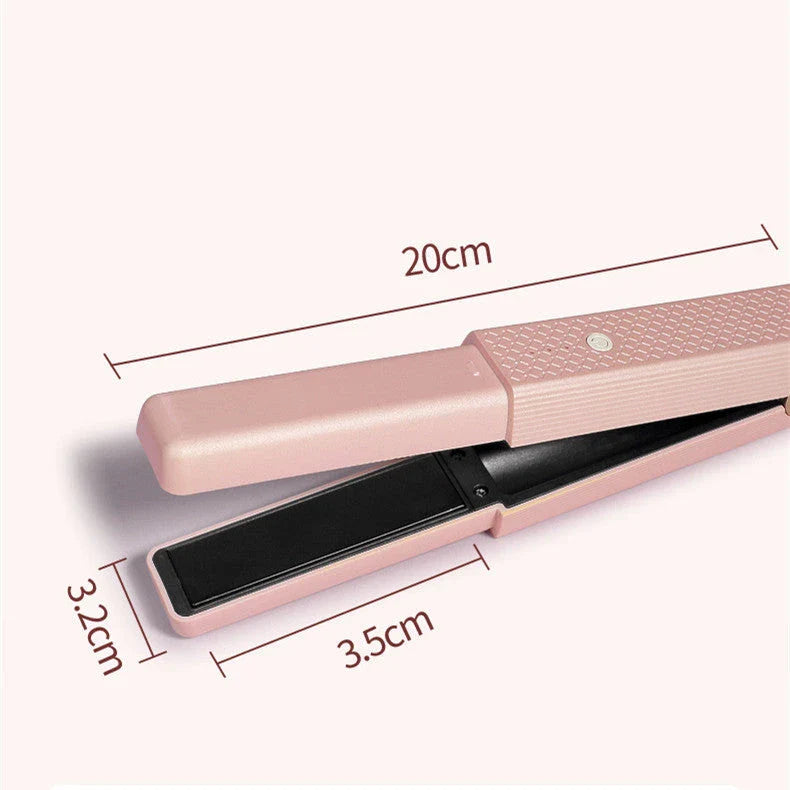 Cordless USB hair straightener with ceramic plates, perfect for travel and on-the-go styling