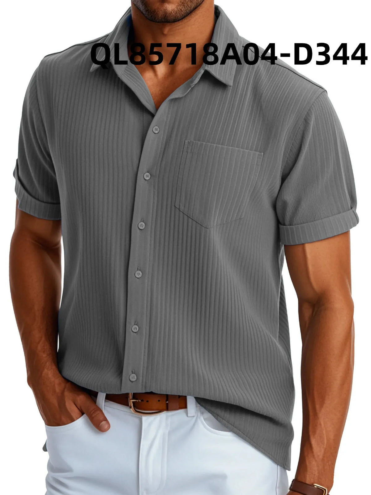 Man wearing a loose fit printed short sleeve lapel shirt in a casual setting