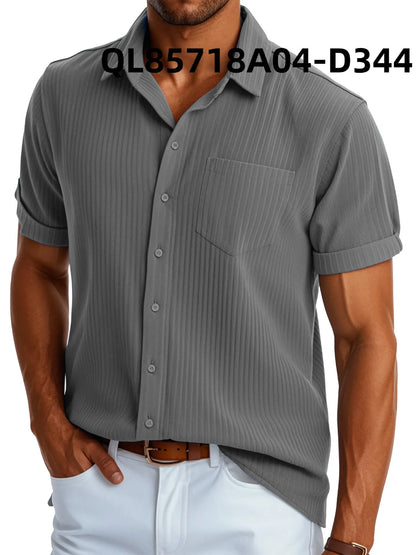 Man wearing a loose fit printed short sleeve lapel shirt in a casual setting