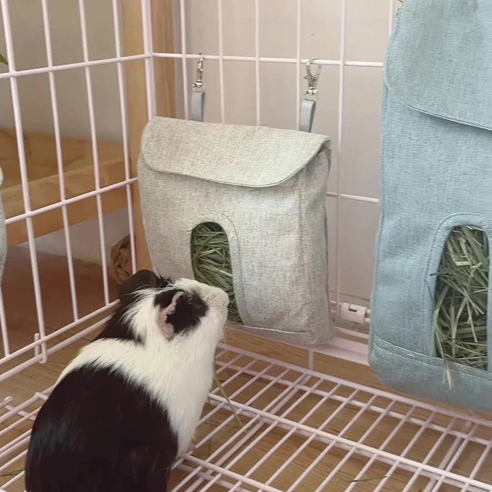 Versatile cloth feeding bags for small pets like rabbits, guinea pigs, hamsters, and chinchillas, available in grey and blue colors in small, medium, and large sizes