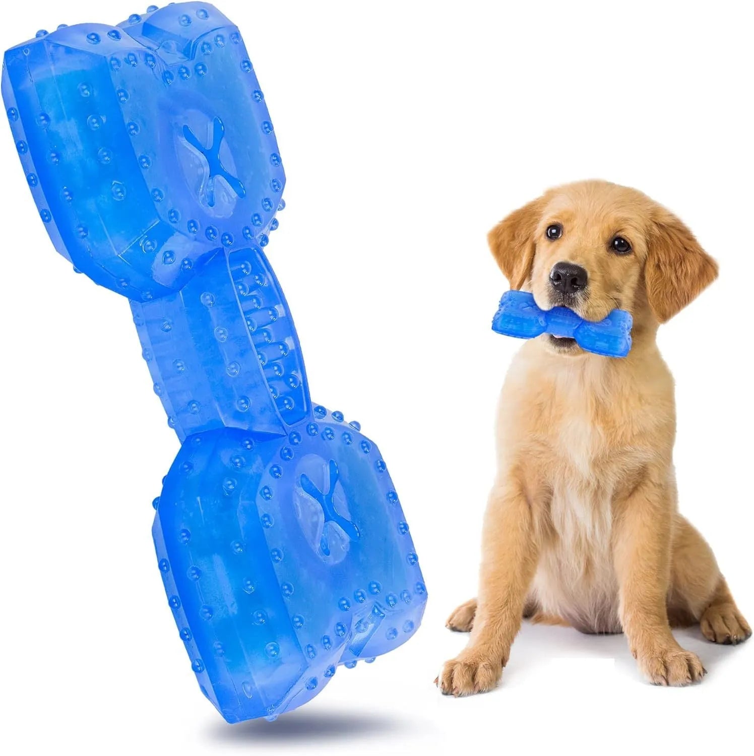 Blue bone-shaped dog teething toy with cooling function and treat compartment for puppies
