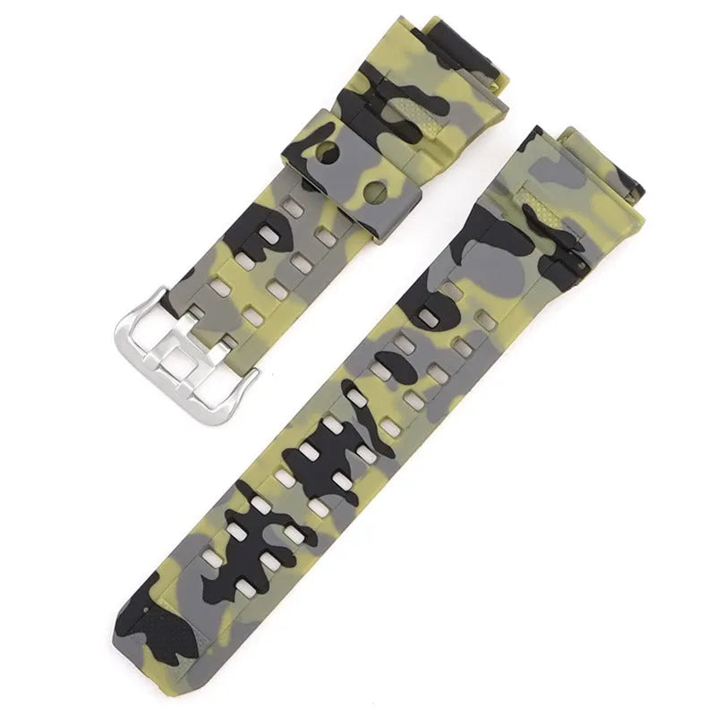 Camouflage pattern TPU watchband with silver buckle showing 12+7cm length and 2mm thickness