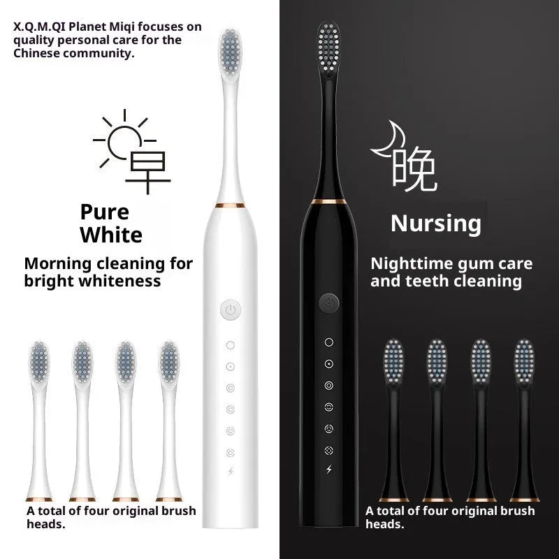 Rechargeable automatic electric toothbrush in X3 Black, Pink or White with 8 brush heads and travel box.