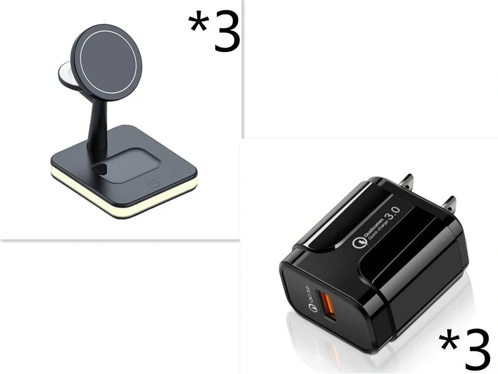 Black three-in-one wireless charger magnetic bracket on a desk charging multiple devices
