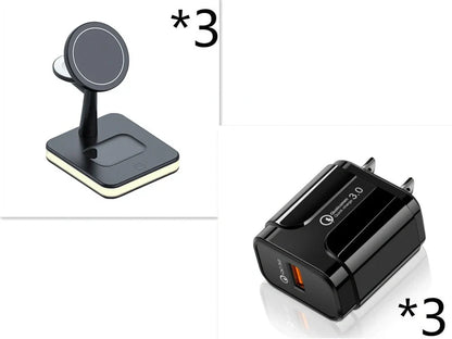 Black three-in-one wireless charger magnetic bracket on a desk charging multiple devices