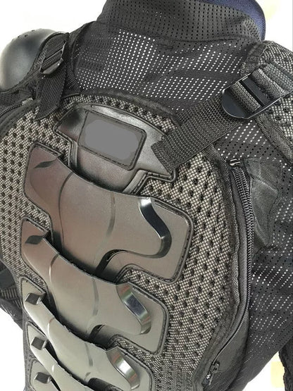 Black motorcycle armor jacket with fall protection, sizes M to 3XL