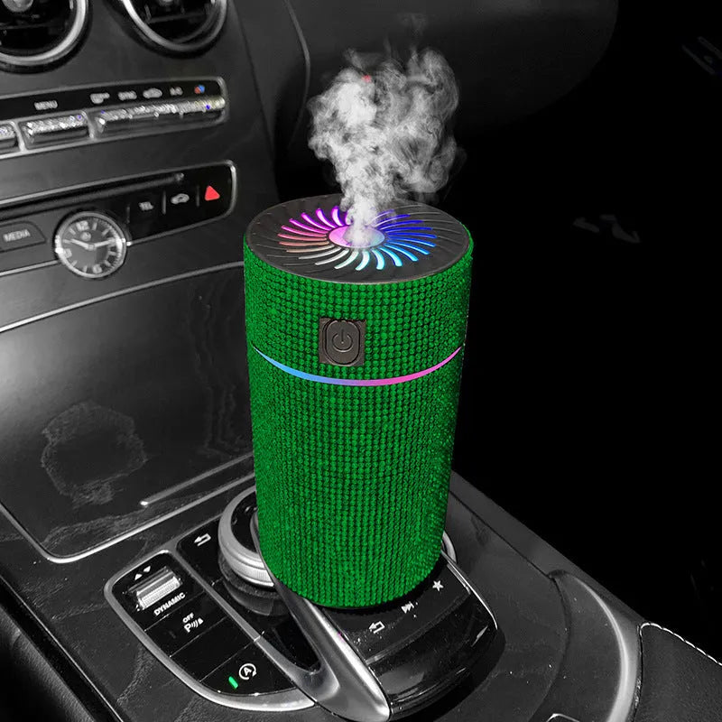 White Diamond finish car air purifier and humidifier unit mounted on a car dashboard.