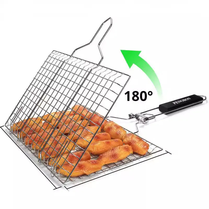 Stainless steel square barbecue mesh basket folded with cleaning brush for outdoor grilling