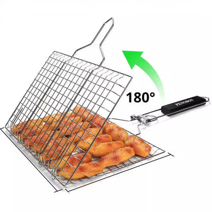 Stainless steel square barbecue mesh basket folded with cleaning brush for outdoor grilling