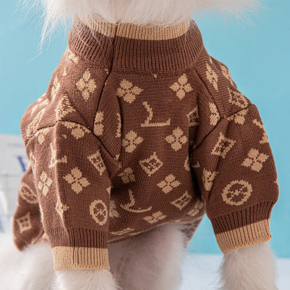 Thick wool dog sweater in monochrome colour on medium-sized dog during autumn