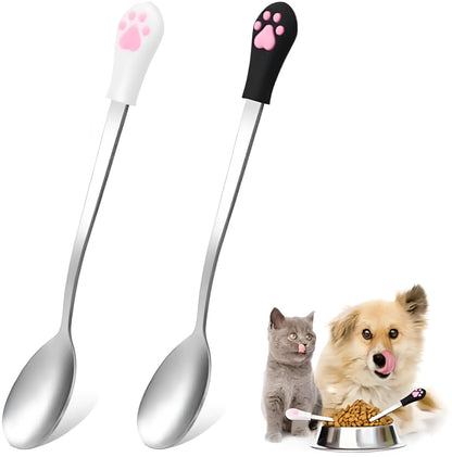 White and black cat paw print pet food spoons with stainless steel bowls