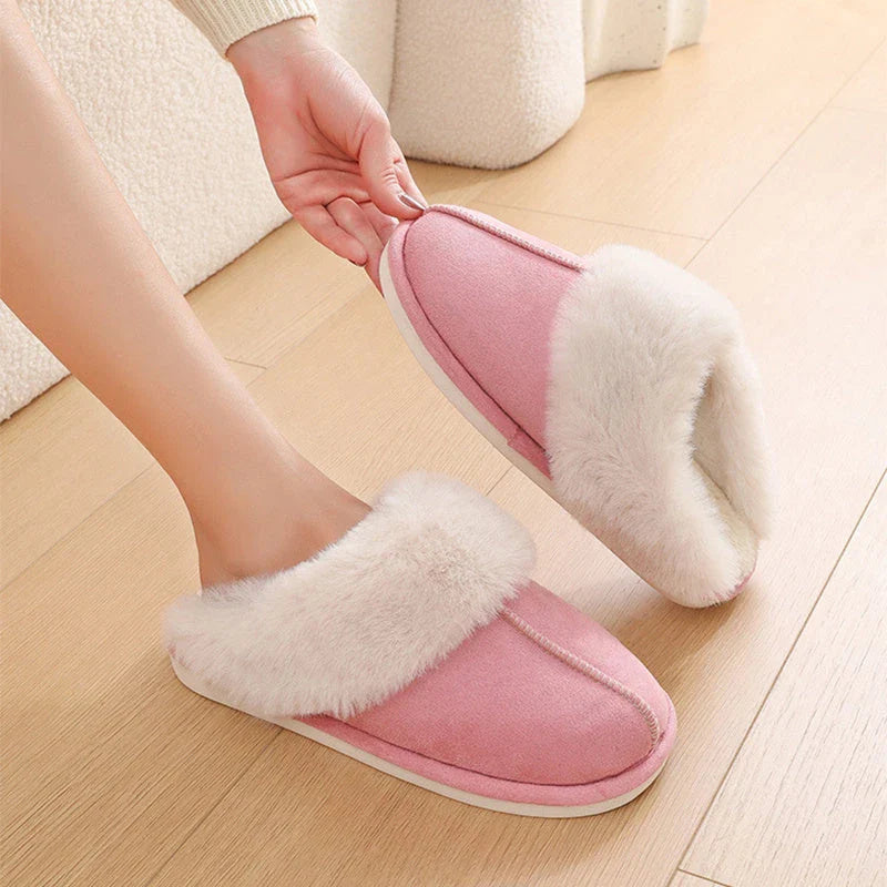 Cozy plush house slippers for women in various colors, featuring soft, warm, and non-slip design