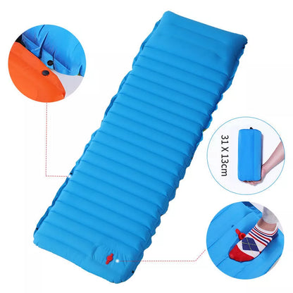 Portable inflatable bed mat for camping and picnics in blue with green