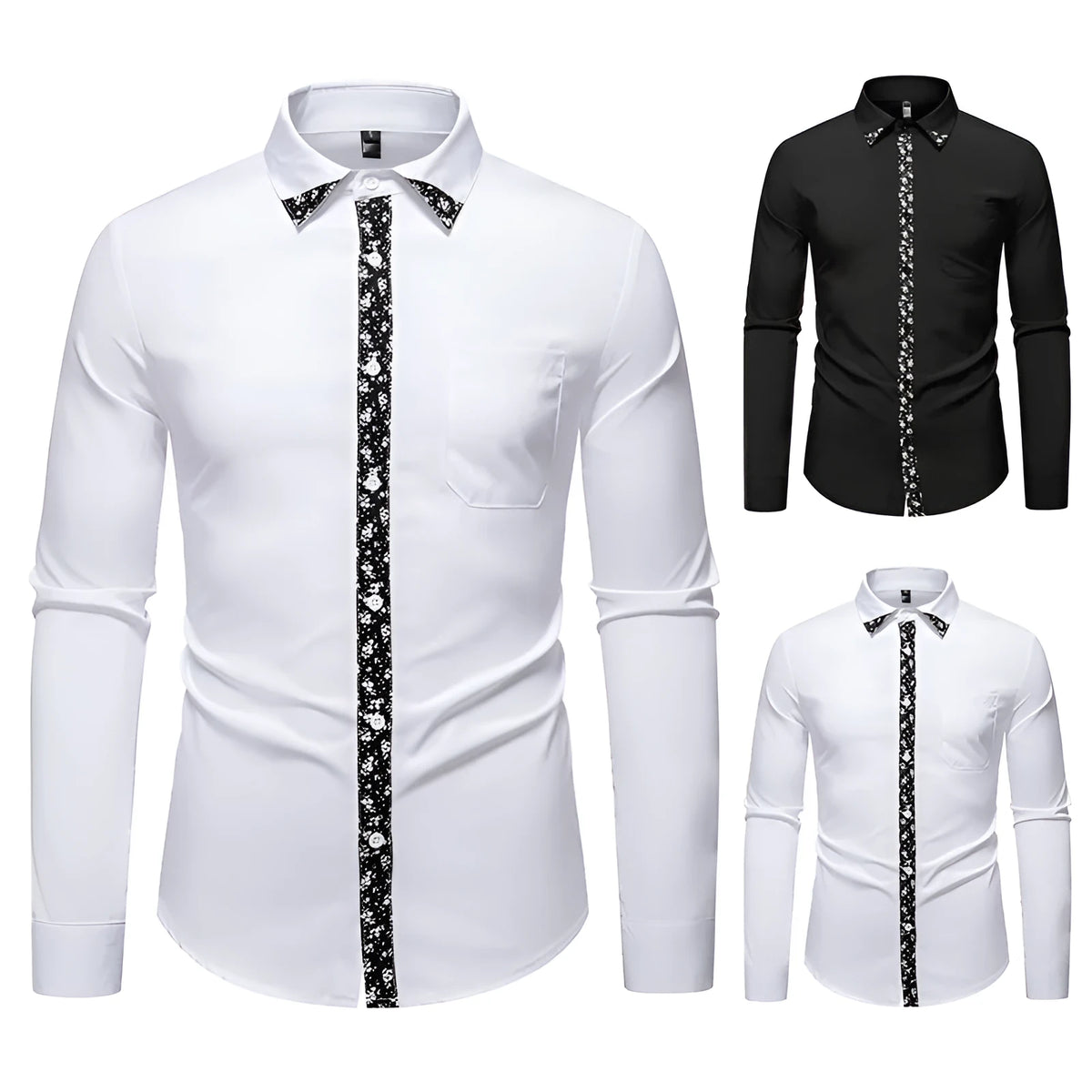 Men's long sleeve polyester shirt in white or black with slim fit and colour block cardigan-style design