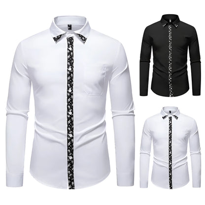 Men's long sleeve polyester shirt in white or black with slim fit and colour block cardigan-style design