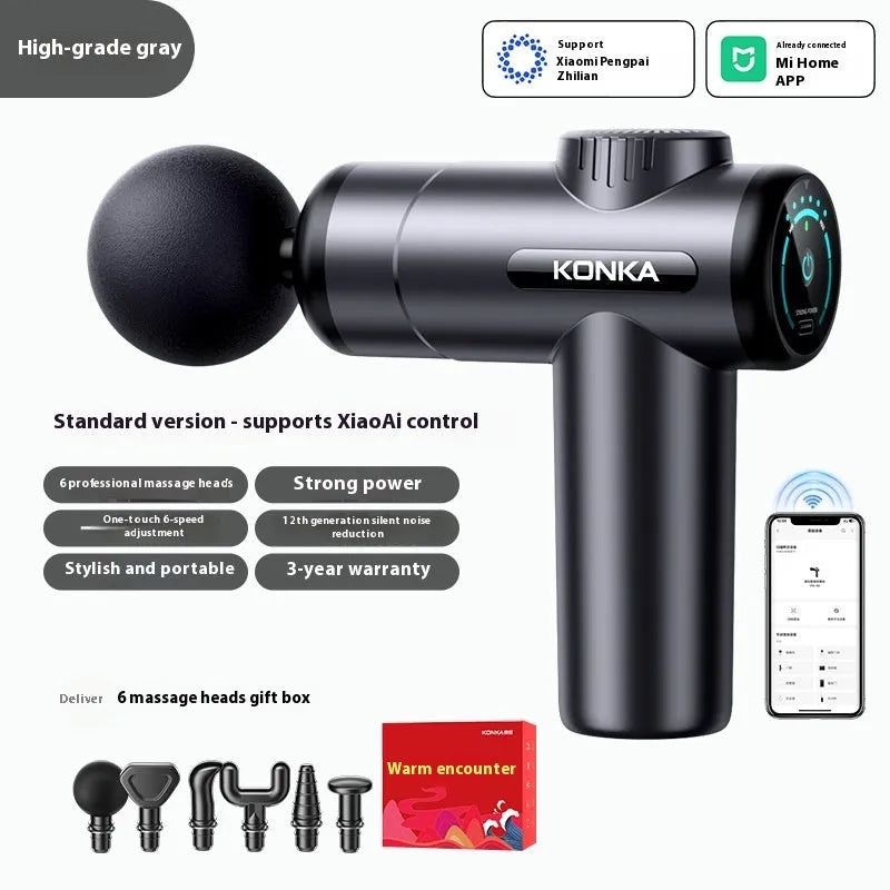 Konka V19 massage gun in grey colour with 8 silicone massage heads and charging wire